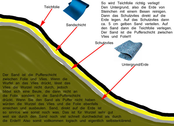 Verlegen Sie erst Vlies, Sand und dann die Teichfolie